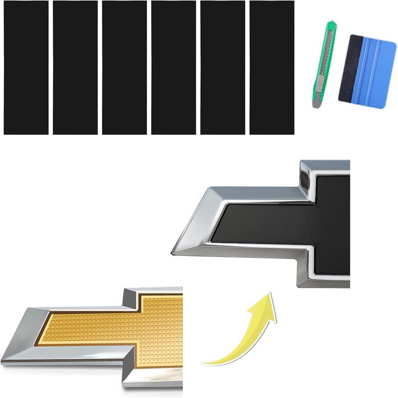 Arespark 6 PCS Emblem Wrap Kit Compatible with Bowtie Logo Wrap Car Stickers, 11.8'' x 4.3'' Cut-Your-Own Emblem Overlay DIY Decals for Chevy, Matte Black with Tool Kits - Image 1